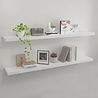 Vista 19 de Estantes flotantes de pared de madera maciza, almacenamiento para dormitorio, sala de estar, juego de 3, estantes de pared negros rústicos