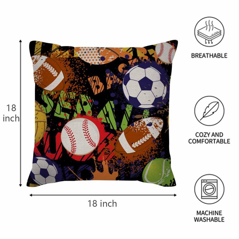 Image of Throw Pillow Covers Sport Pattern with Balls Grunge Design Black Game Pillow Case 18x18 Inch Cushion Cover for Home Party
