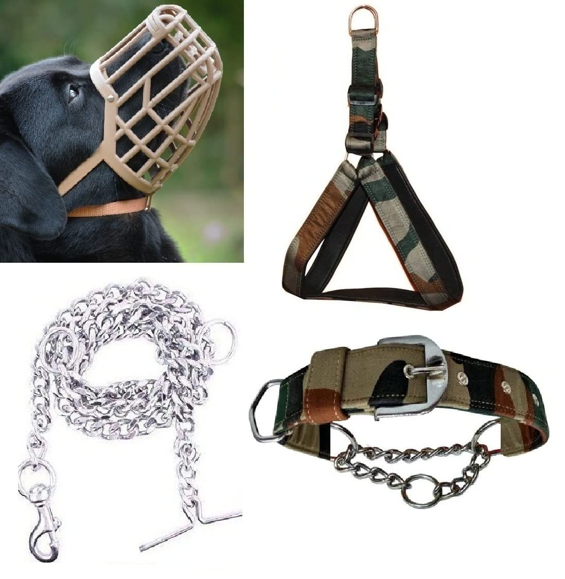 Hachiko Dog Muzzle Adjustable Proper Fetting for Dog Muzzle + Army Harness + Army Choke Collar + Steel Chain for All Large Breed Dogs.(Combo of 4) (Large)