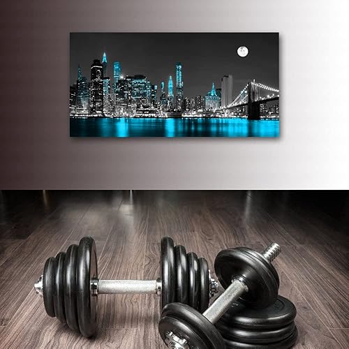 Miniatura 2 de Jiuqinghua Lienzo decorativo para pared, 1 panel, negro, blanco y azul, puente de Brooklyn, paisaje urbano, paisaje nocturno, pintura para cocina,