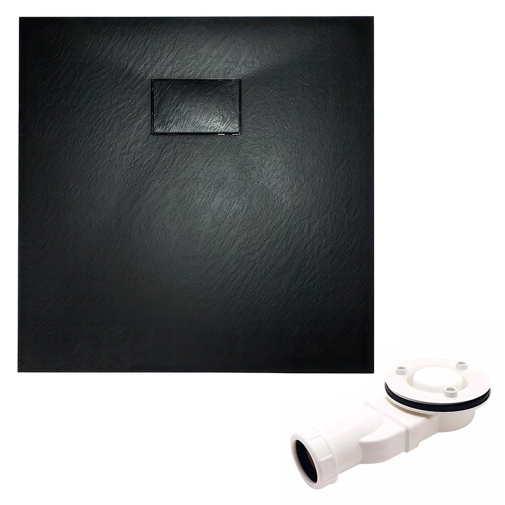 BADLAND Komplettes Set - Duschkabine HELA Schwarz/Chrom + Duschwanne VIDAR 80-90x80-90 193cm - Quadratisch Duschabtrennung Transparent Nano Glas 6 mm, Duschtasse Schwarz/Weiß Steinoptik SMC mit Ablauf
