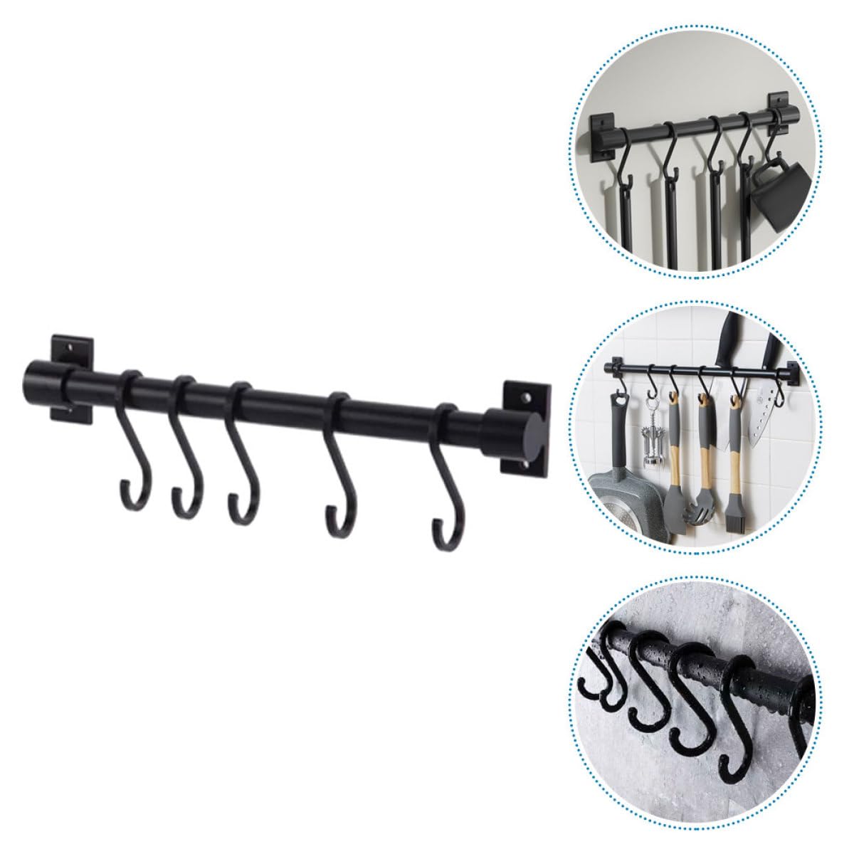 SHINEOFI Soporte de Pared para Utensilios de Cocina 30 CM Negro 5 Ganchos Desmontables en S Estante Colgante Multifuncional para Ollas Sartenes y Toallas Organizador Práctico para