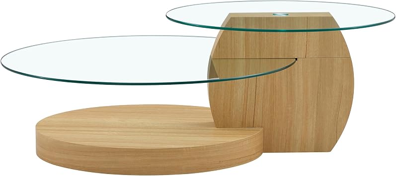 47 Oval Glass Coffee Table, 2-Tier Glass Tabletop with Wooden Base, Easy to Maintain,Ideal for Dining Room, Living Room