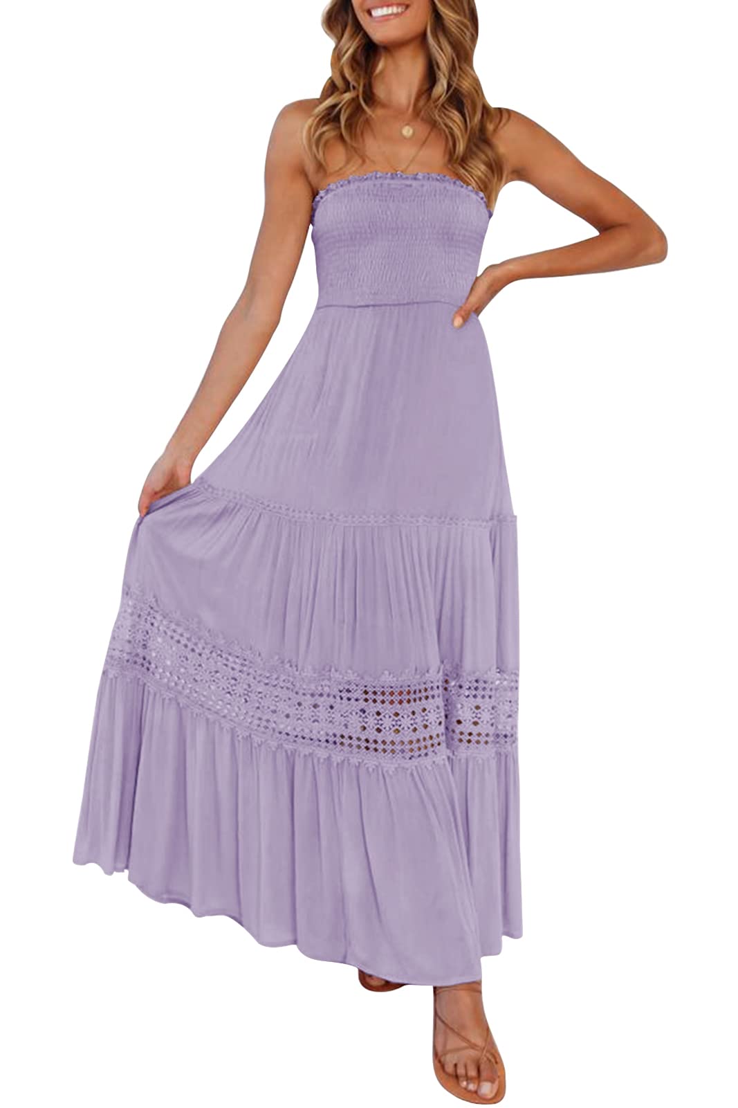 ZESICAWomen's 2025 Summer Bohemian Strapless Off Shoulder Lace Trim Backless Flowy A Line Beach Long Maxi Dress