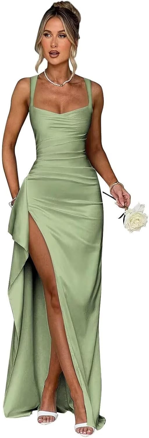 Satin Mermaid Prom Dress with Corset Long Ruffle Square Neck Pleated Formal Party Dress with Slit MT105
