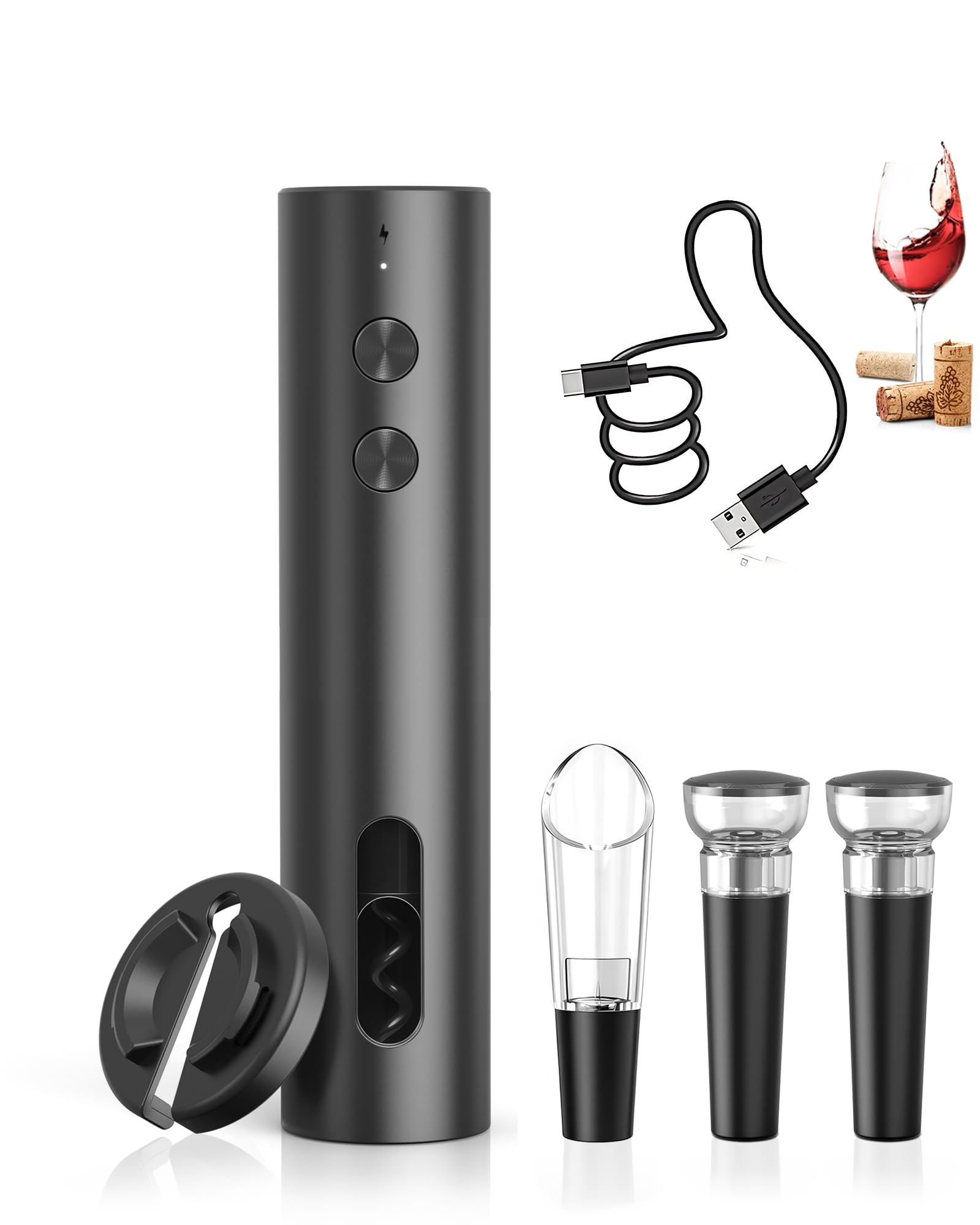 ZOYIDOUX Set di apribottiglie elettrico Rechargeable – Cavatappi elettrico USB-C con 2 tappi per vino sottovuoto, beccuccio e tagliacapsule, mini portatile, design opaco nero
