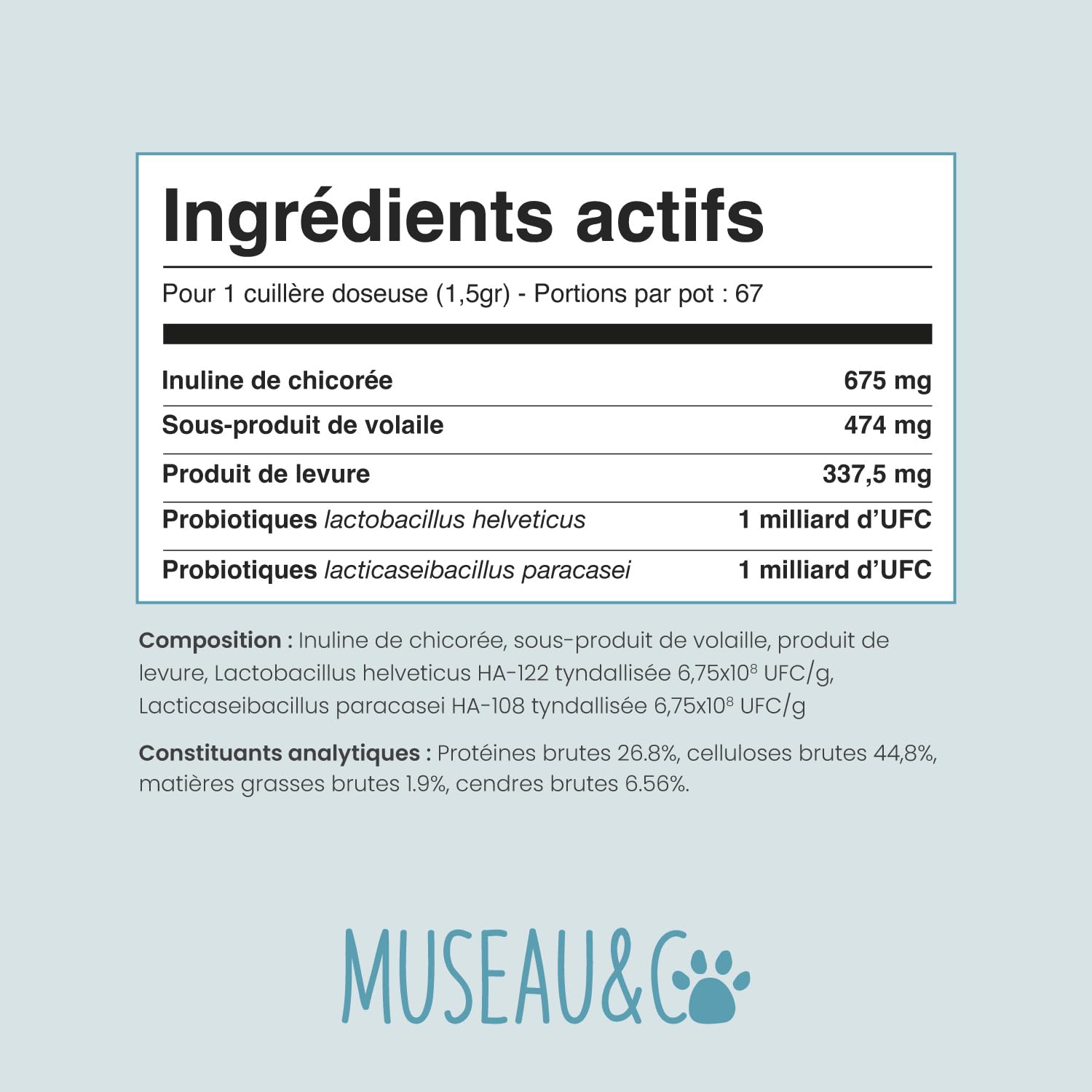 Probiotiques Chien Chat - 135 Milliards UFC - Flore Intestinale Digestion Transit - Lactobacillus Inuline Chicorée - Goût Poulet - 100g - Fabriqué en France - Museau & Co
