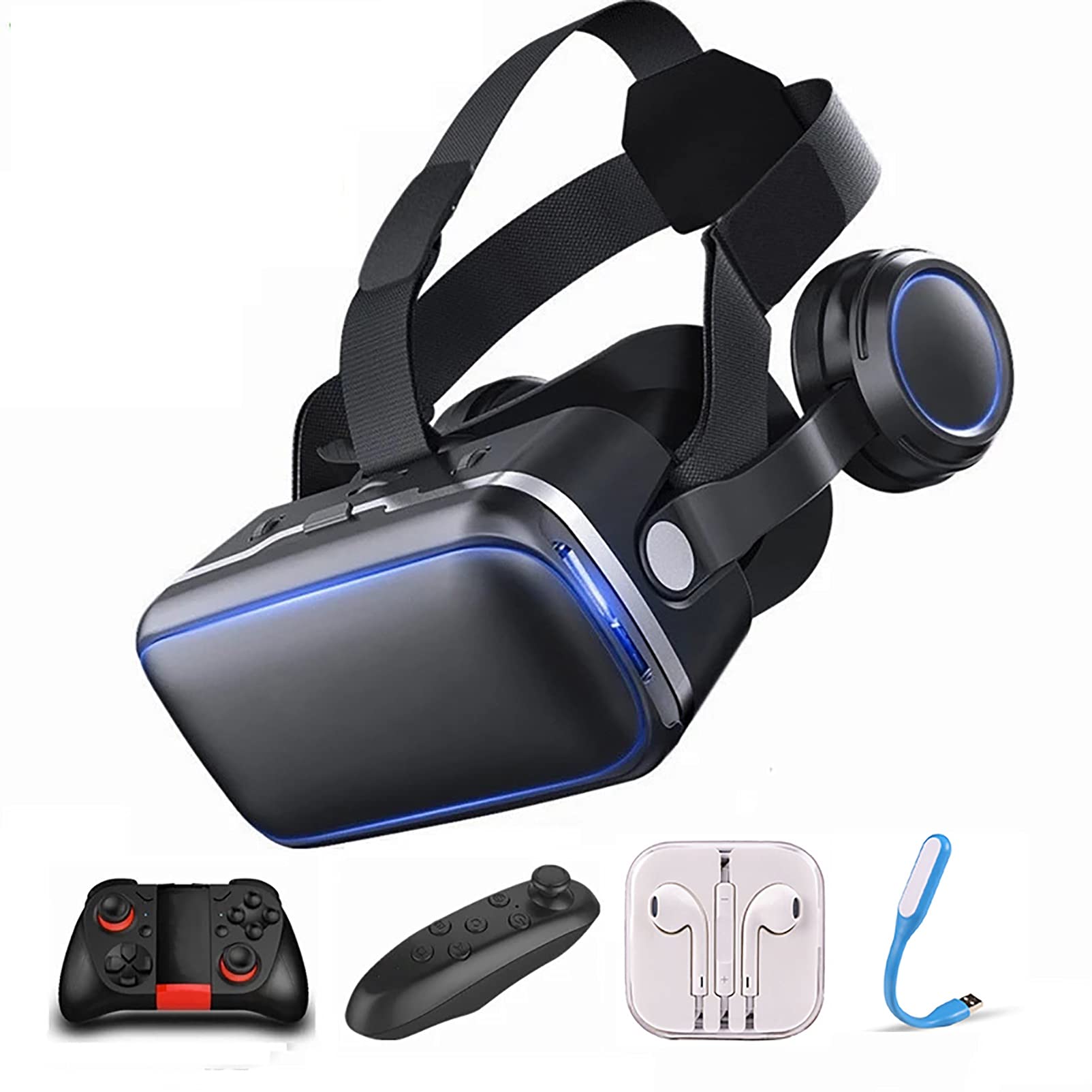 Auriculares VR con 2 Bluetooth Controller, VR Goggles Glasses para Videojuegos de Películas VR 3D para 4.5-6.3in Teléfonos iOS de Android, Luz LED y Auriculares de 35mm