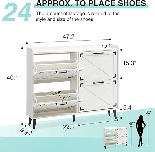 Miniatura 2 de Armario de almacenamiento de zapatos, organizador de zapatos de granja con 4 cajones abatibles y diseño de puerta de granero, armario independiente