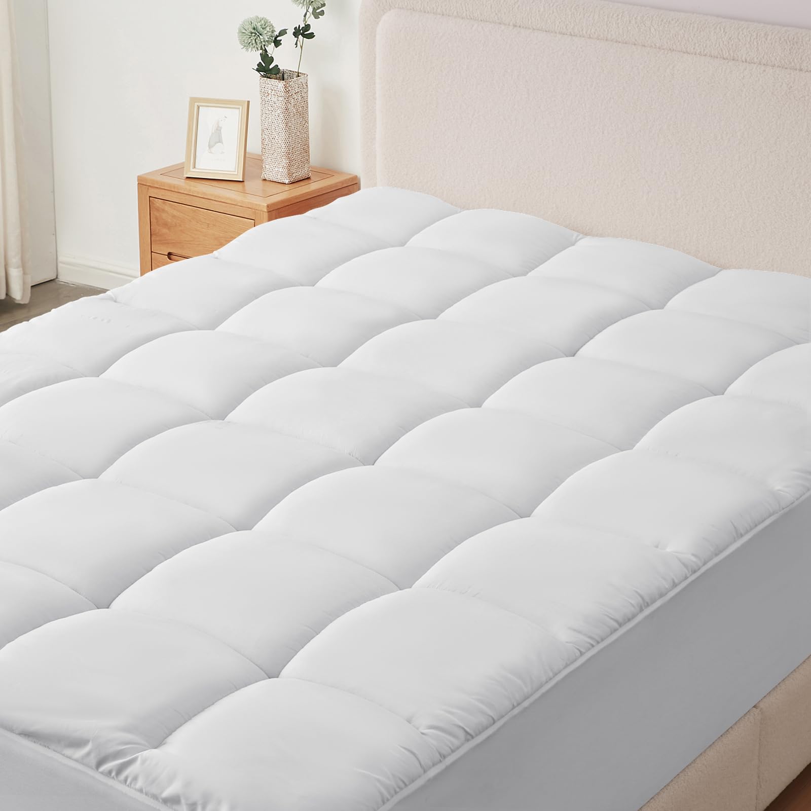 1000GSM Mattress Topper Queen Size Thick Mattress Pad 400TC Soft Top Cooling Pillow Top Mattress Cover Fitted Mattress Protector Deep Pocket fits 8-21 Inches Mattress (60x80 Inches, White)