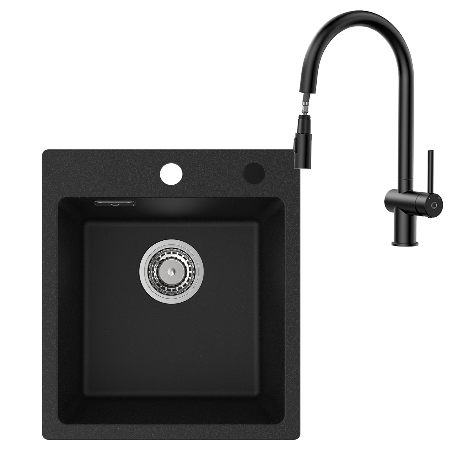 Fregadero empotrable, 40 x 45 cm, granito negro, con grifo mezclador de cocina, de cuarzo, resistente a las manchas y duradero, grifo extensible, giratorio 360°, 2 tipos de chorro, compacto