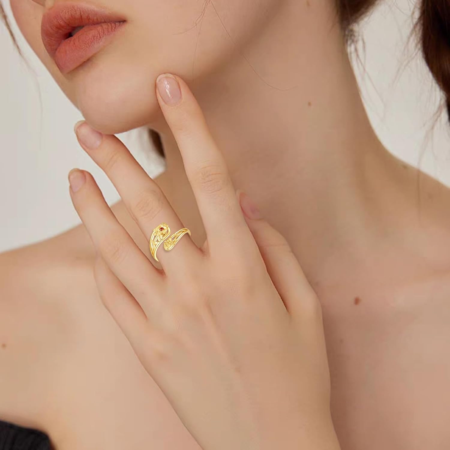 KECHO 14K Gold Rose Ring Adjustable Open Ring Red Gemstone Ruby Spoon Ring Vintage Thumb Rings for Women