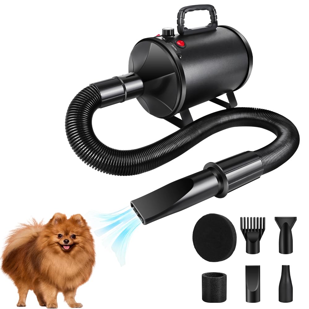 Hundefön Blower Sehr Leise 3500W Tierhaartrockner Blower Hundefön Einstellbare Geschwindigkeit mit 4 Düsen Fön für Haustiere Pet Dryer Haustier Hundepflege Trockner Hundetrockner Gebläse für Hunde