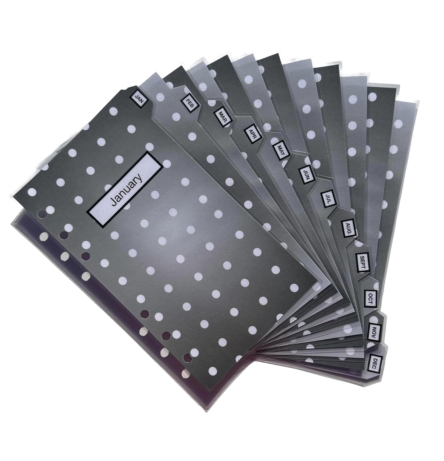 Personal Sized 6 ring Organiser Planner Dividers in a Classic Grey Silver Background with White Spots Design - Set of 12 Monthly Labelled Dividers