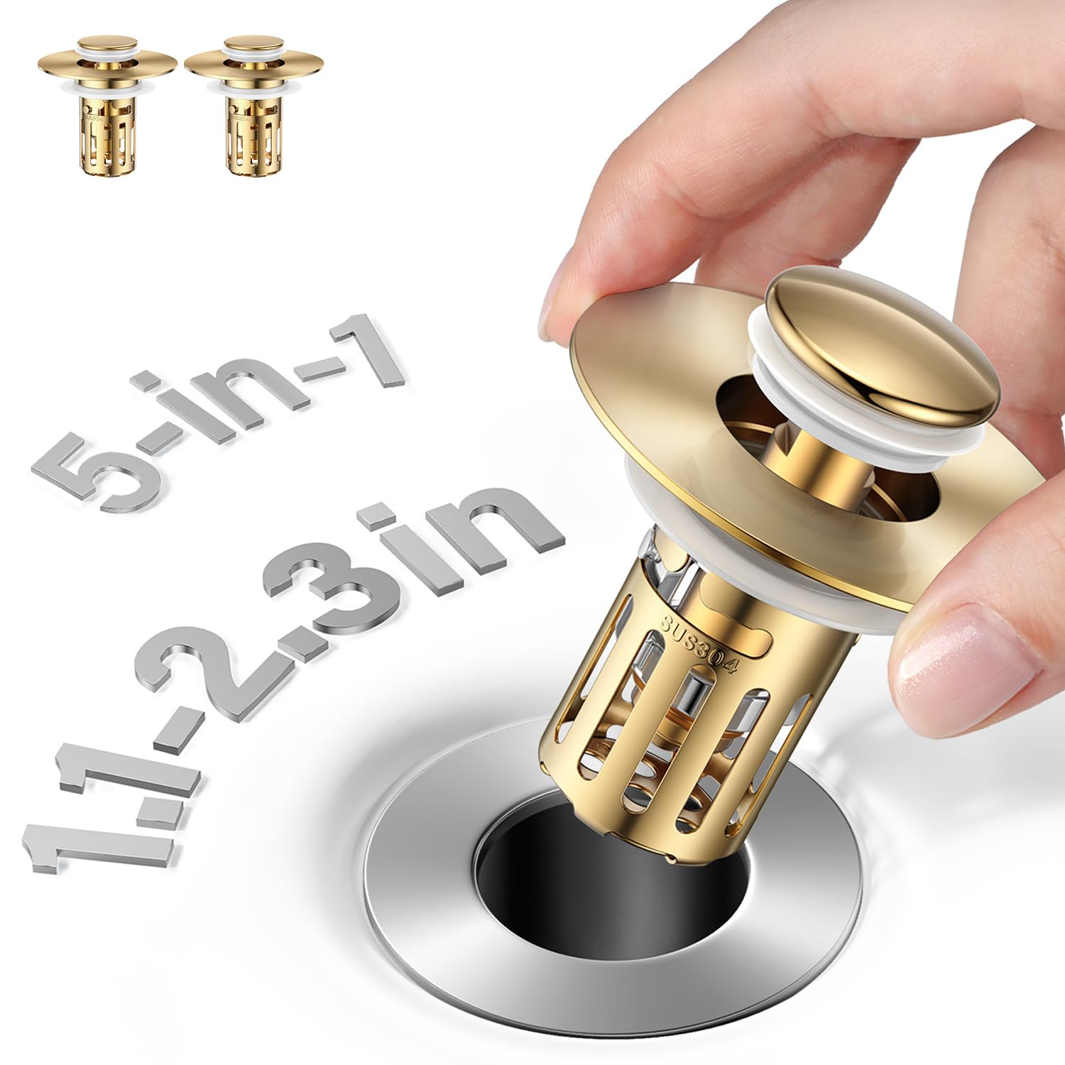 Photo 1 of (2 Pc) Bathroom Sink Stopper-All Metal Sink Stopper-Universal Fit 99% Bathroom Stopper with Removable Stainless Steel Hair Catcher- Basin (1.1'' to 2.36'' inch) - Golden