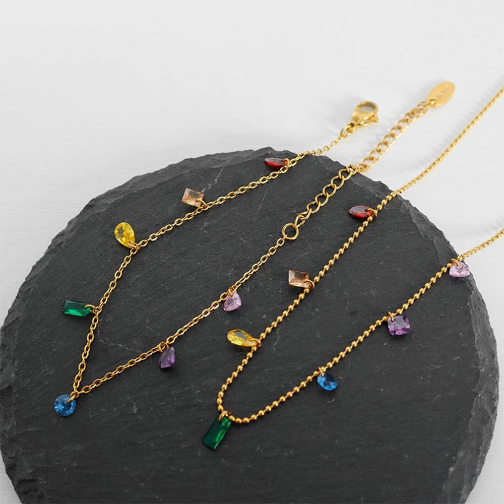 Colorful Crystal Bracelet for Women Titanium Steel Rainbow Diamond CZ Dangle Charm Link Bracelet Chian 18K Gold Plated Adjustable Bracelet Dainty Jewelry Gifts - Image 5