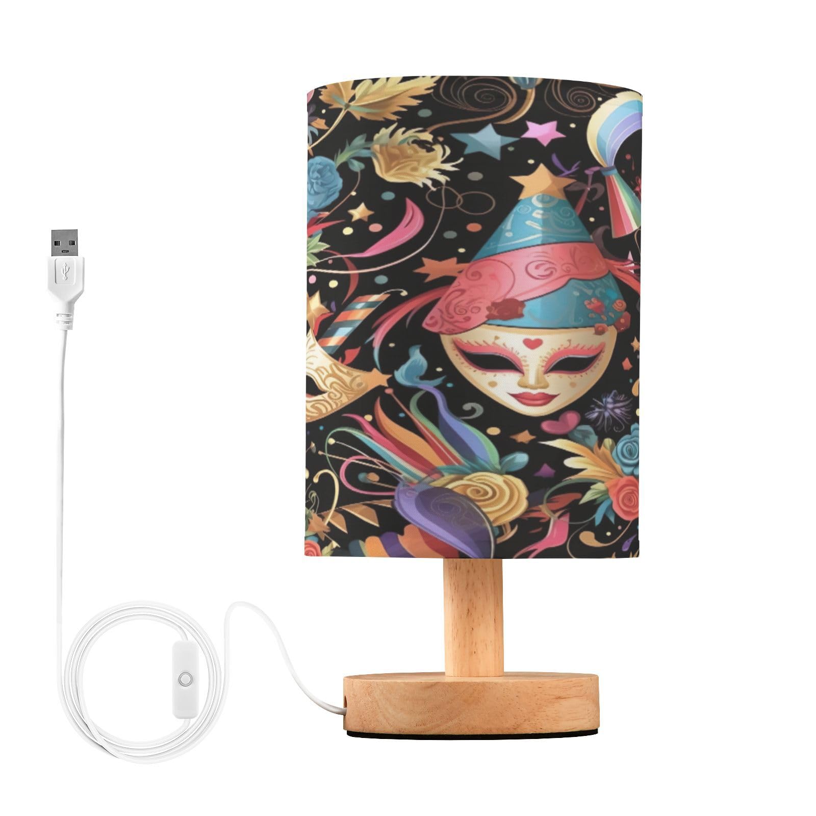 SDMKA Colorful Mask Party Pattern Bedside Table Lamp for Bedroom, Minimalist Nightstand Lamp with Round Fabric Shade for Living Room, Office, No Bulb Required