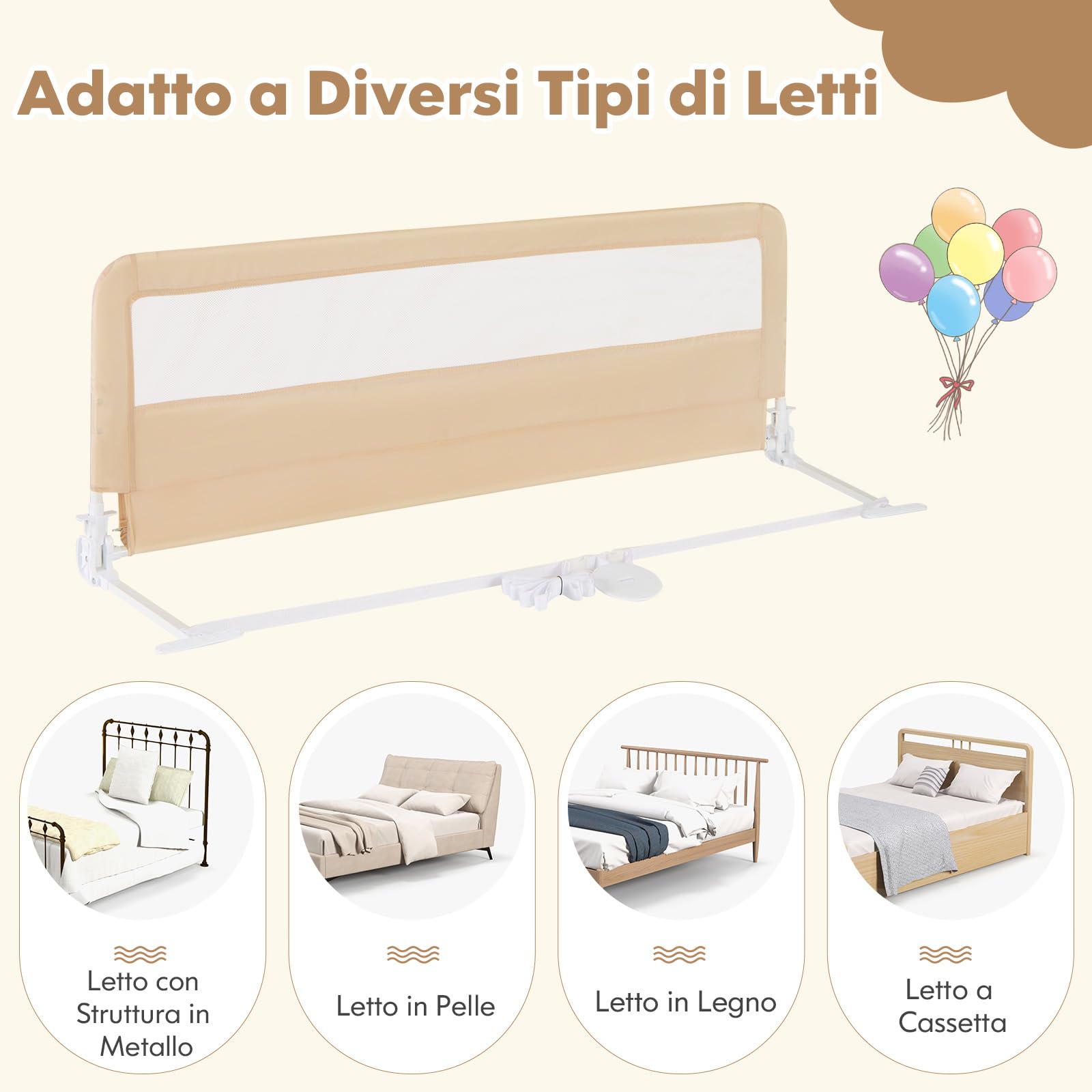 COSTWAY 150 cm Sponda da Letto per Bambini, Barra Protettiva Pieghevole per Letto con Copertura Removibile, Rete Traspirante, Barriera Universale Abbattibile, 150 x 55 cm (Beige)