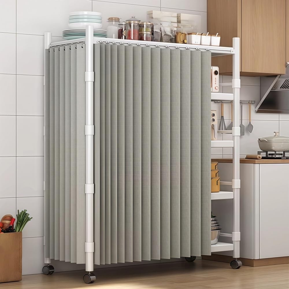 Schrankvorhang für Regale Staubdichte Vorhänge für den Schrank Schränke mit Gleitschienen Leinenmaterial Wasserdicht，Sonnenschutz Kein Bohren Nötig Geeignet für Schlafzimmer(Grau,150cm*200cm)