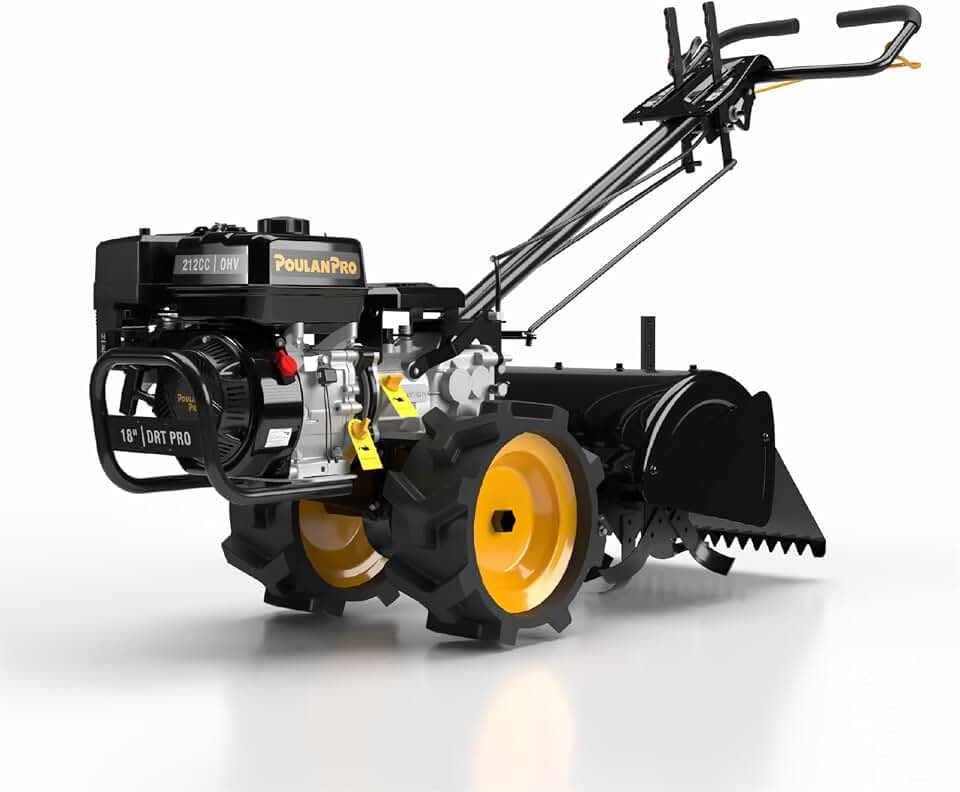 Poulan Pro Dual Direction Rear Tine Tiller, 212cc 4 Cycle Gas Engine, Full Gear Transmission, Dual Rotating Tines, Airless Tires, Instant Reverse 18 Inch Gas Tiller for Gardon and Farm