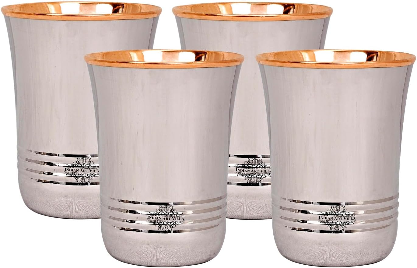 Indian Art Villa Steel Copper Glass Tumbler With Lining Design, Serveware & Drinkware, Volume- 8 Oz, Set of 4