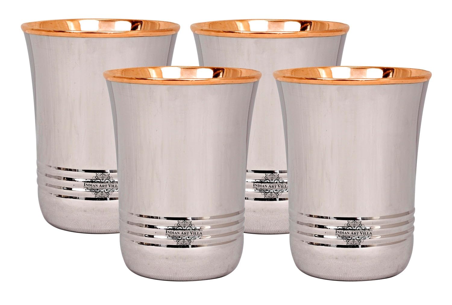 Indian Art Villa Steel Copper Glass Tumbler Cup Set Drinkware Home Restaurant 8 OZ Each 4 Pieces