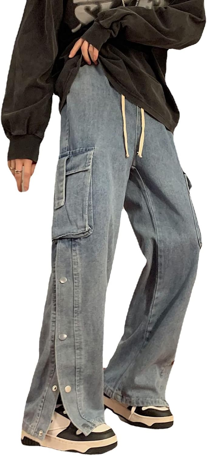 Men Straight Leg Jeans Relaxed Fit Work Pants Jeans with Cargo Pockets