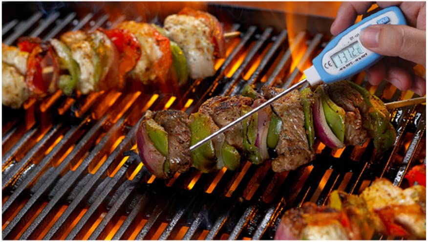 VIHELM DT-131 thermometer measuring meat on a grill