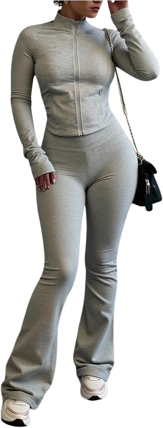 SOLY HUX Women's Tracksuit 2 Piece Outfits Long Sleeve Zip Up Tops and Flare Pants Casual Fall Clothes
