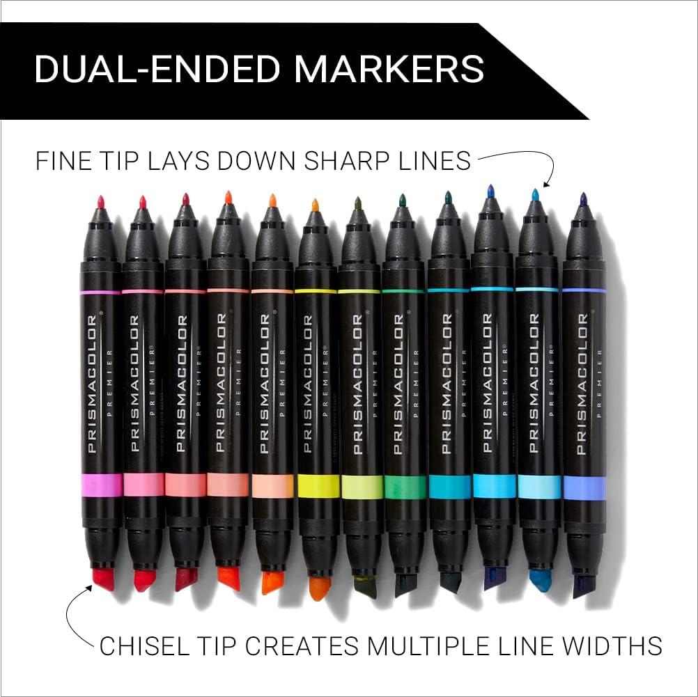 Prismacolor Premier Dual-Ended Art Markers, Chisel Tip and Fine Tip, Hyper Bright Colors, 12 Count