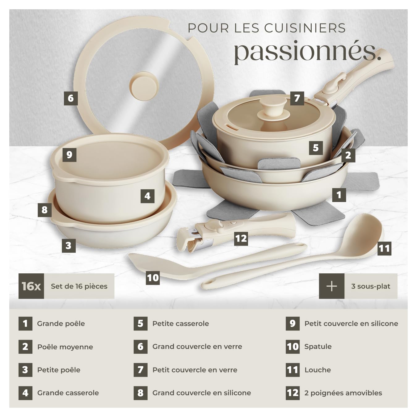 tectake® Batterie de cuisine 16 pcs, 2 Casseroles, 3 Poeles, 4 couvercles, 3 protège Casseroles Spatule Louche Induction gaz Vitrocéramique Poignées amovibles Revêtement antiadhésif en céramique Blanc