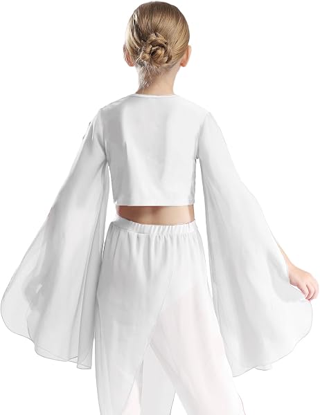 Girls Dance Top Chiffon Schiltz Trumpet Sleeves Top Children Short Shirt V-Neck Tunic Blouse Unicolour - 2