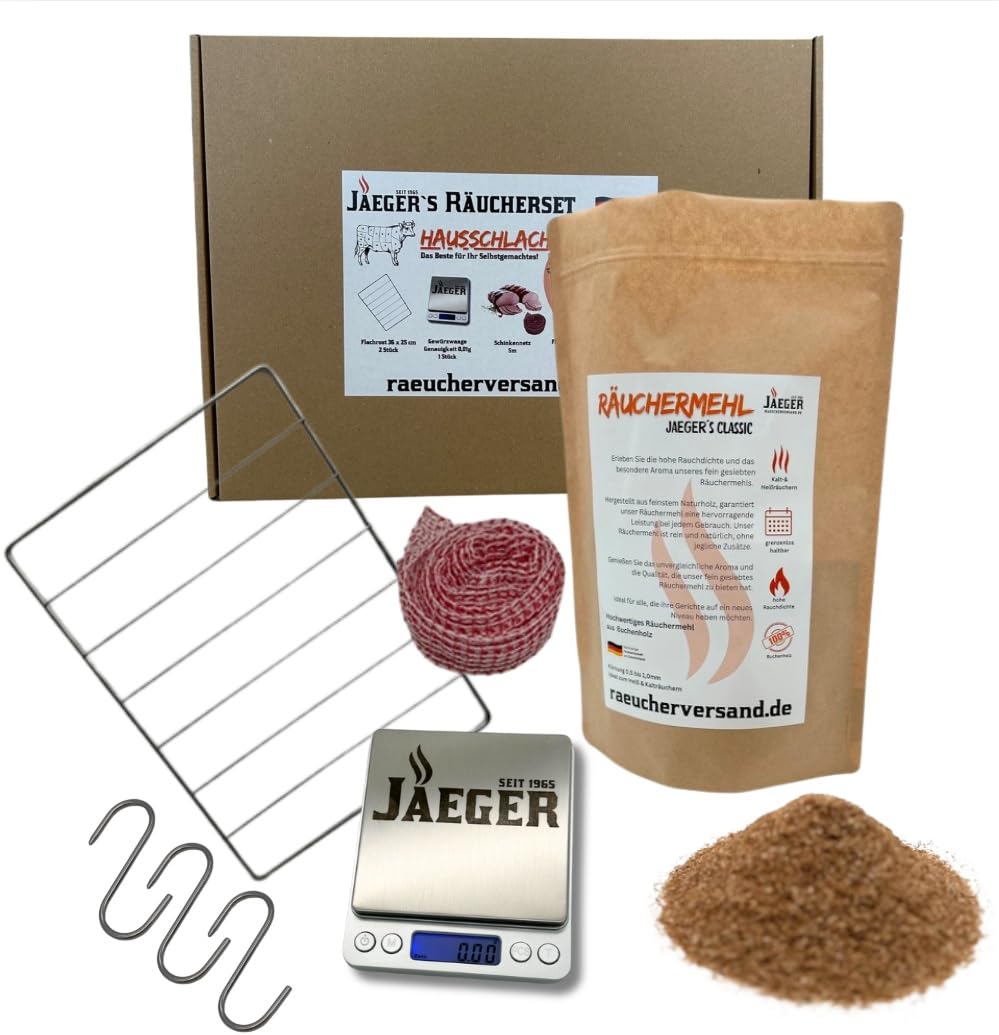 Räucher-Set Hausschlachter – Komplettset zum Fleisch räuchern – inkl. Schinkennetz, Fleischhaken, Edelstahlroste, Räuchermehl & Gewürzwaage – Made in Germany