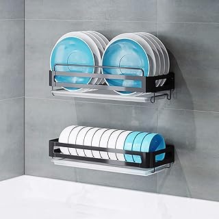 ZJYWMM Rejilla de Cocina montada en la Pared, combinación de Rejilla para Platos de Rejilla de Drenaje de Acero Inoxidable 304, Negro/Plateado (Color : Black)