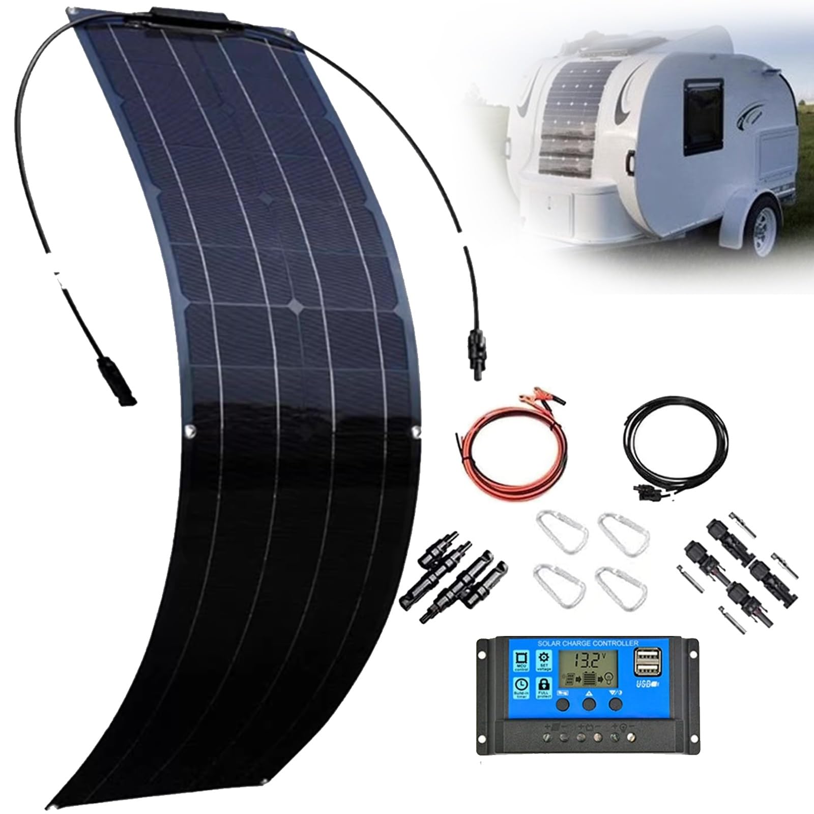 Kit Solar de Panel Solar Flexible de 200W 400W 800W, 12V-24V, módulo Solar monocristalino con Controlador de Carga 40A y Cable para vehículos recreativos, Barcos, remolques(200W)