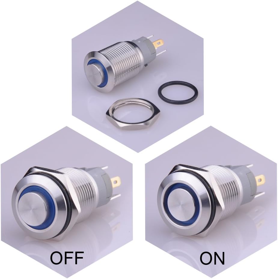 Ulincos® Latching Pushbutton Switch U16F2 1NO1NC SPDT ON/Off Silver Stainless Steel Shell with Blue LED Ring Suitable for 16mm 5/8" Mounting Hole (Blue)