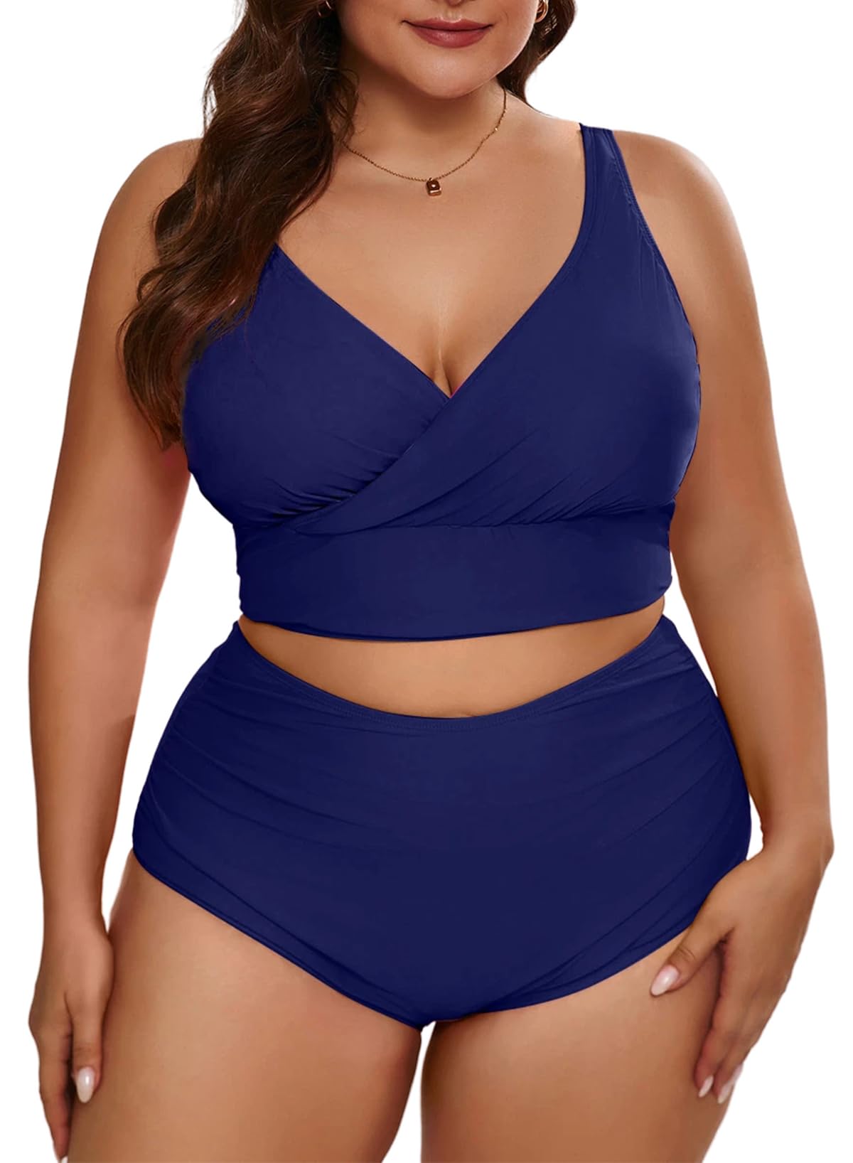 Eytino Womens Plus Size Bikini Sets High Waisted V Neck Bahting Suits Two Piece Color Block Swimsuits(1X-5X)