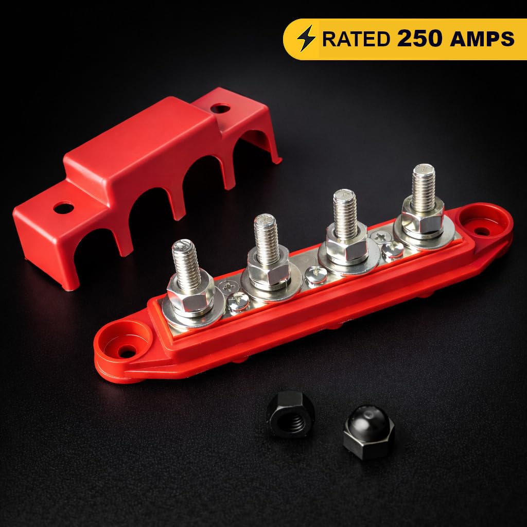 MGI SpeedWare 4-Post Power Distribution Block Busbar 5/16" Studs with Cover, 250 AMP Rating for Automotive, Marine, and Solar Wiring (Red + Black)