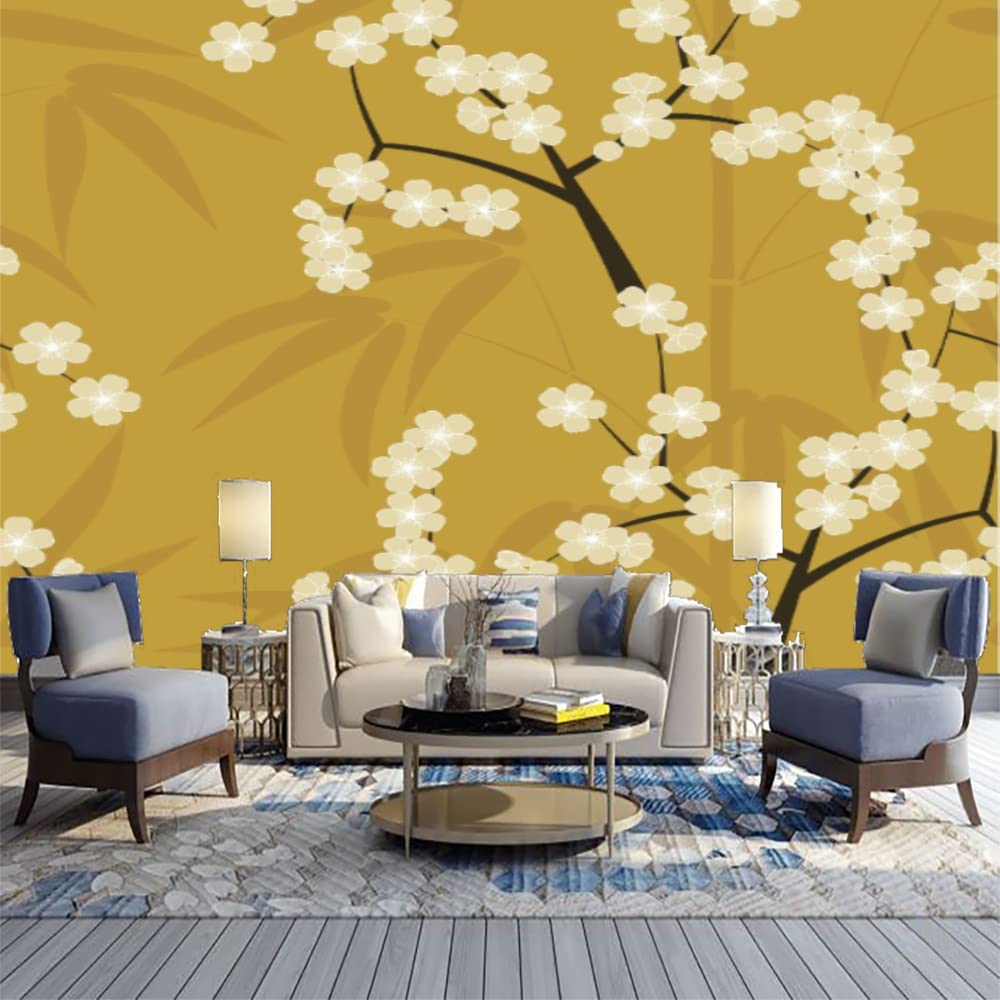 Papier peint panoramique bambou japonais jaune fleurs de cerisier