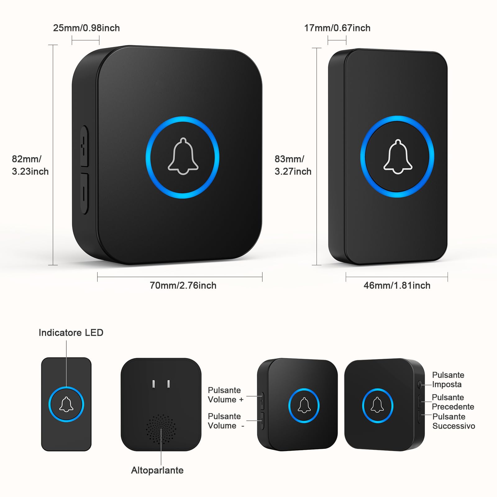 Campanello Senza Fili, Portata Wireless Doorbell, 36 Suonerie, 5 Volumi Selezionabili, Indicatori LED, IP55, 400m Lunga Portata per Casa, Appartamento (1 Trasmettitore + 1 Ricevitori)