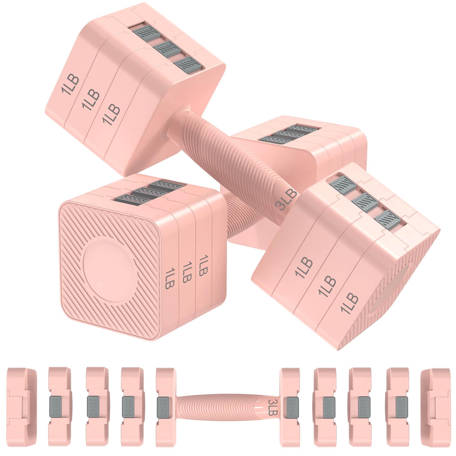 Tepemccu 5-in-1 Adjustable Dumbbell Set | Each 1.4-5kg Adjustable Weights with Square Design & Secure Lock | Anti-slip Grip Handle | Compact Home Gym Strength Training for Men & Women (Pink)