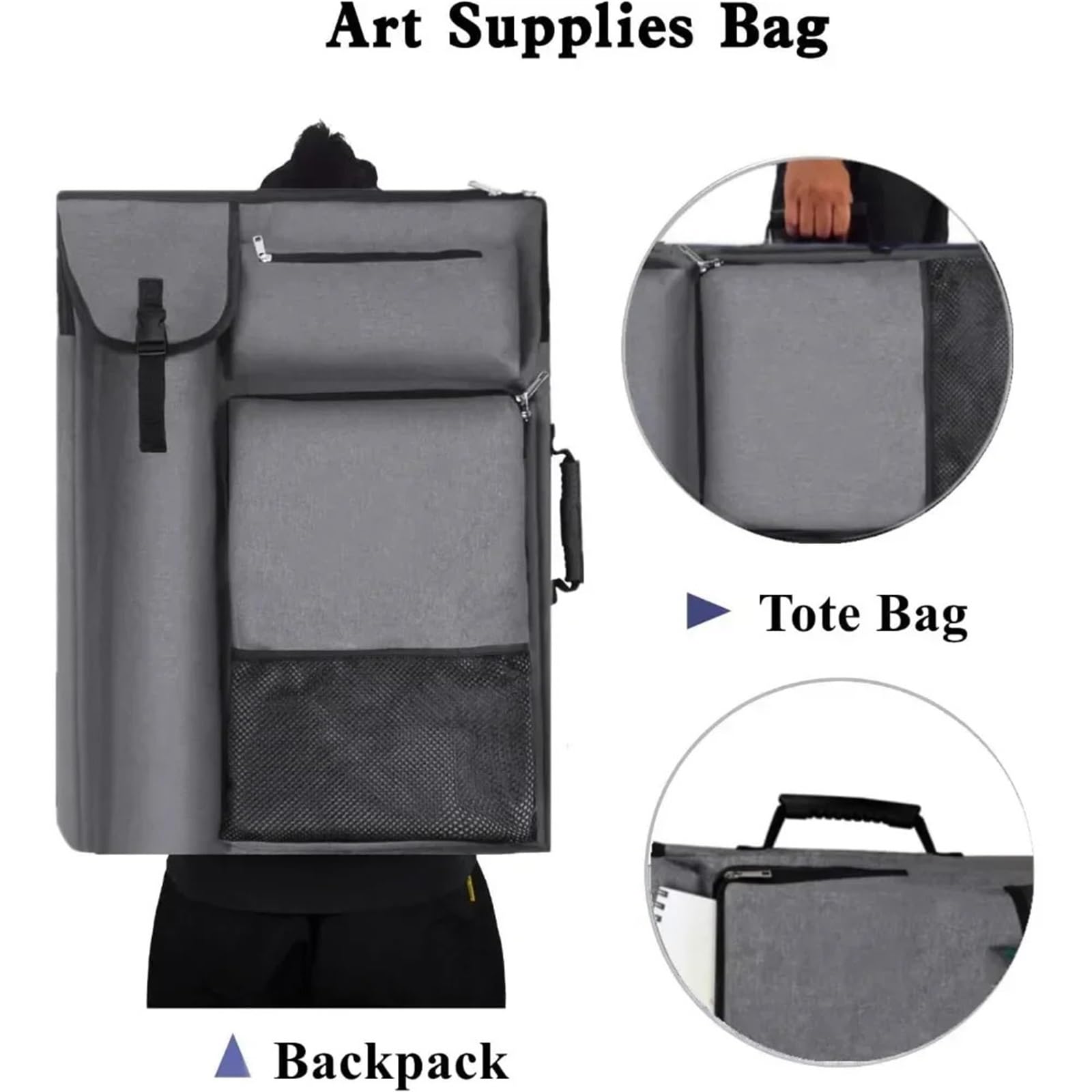 Portafolio de Arte de 45 x 61 cm con Mochila y Bolso de Mano, tamaño Mediano. para Almacenar Carteles, Obras De Arte(Grey)