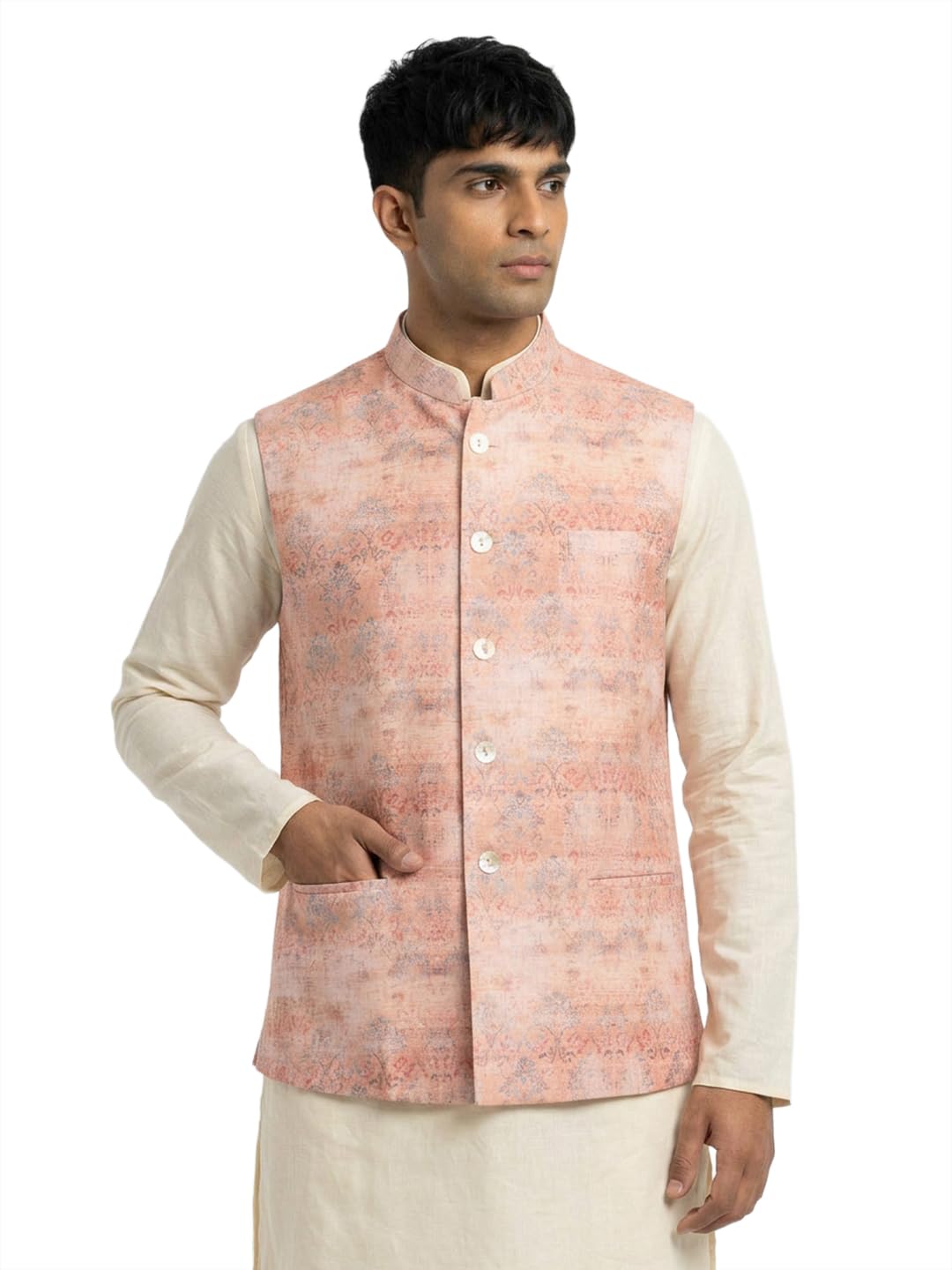 sanman ethnix by raymond Men Regular Fit Jacquard Pattern Pure Polyester Mandarin Collar Sleeveless Festive Bundi-picture-18
