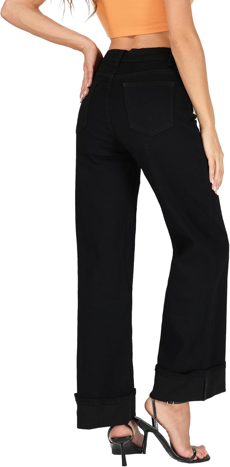 Wide Leg Jeans Woman Stretchy Cuffed High Waisted Baggy Jeans Loose Denim Pants - Image 3