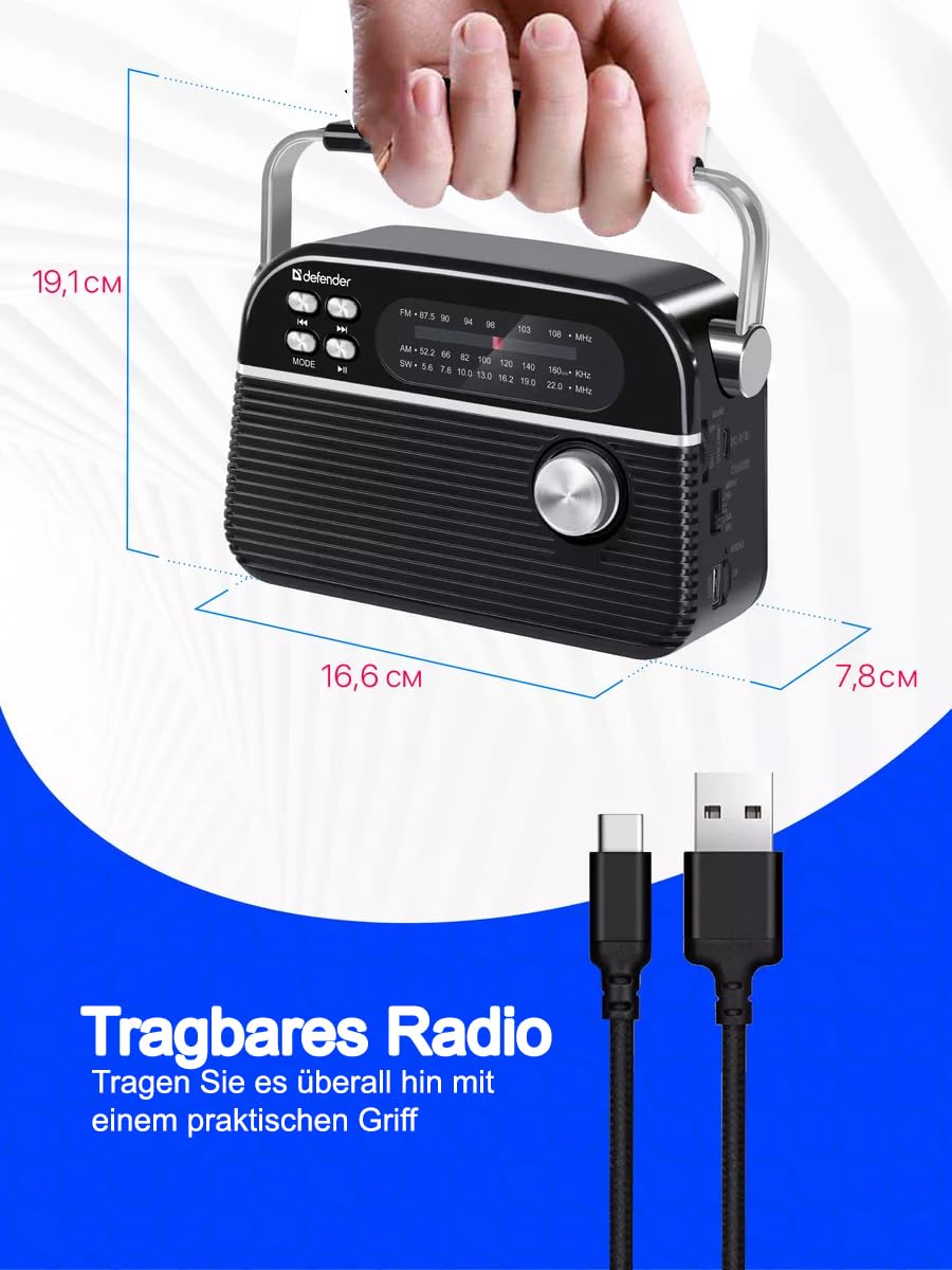 DEFENDER® Vega Tragbares Retro Radio mit Bluetooth, FM/AM/SW Rundfunkempfang, Integrierter Akku, Küchenradio, Teleskop-Antenne, Lautsprecher 5W, USB-C, Schwarz