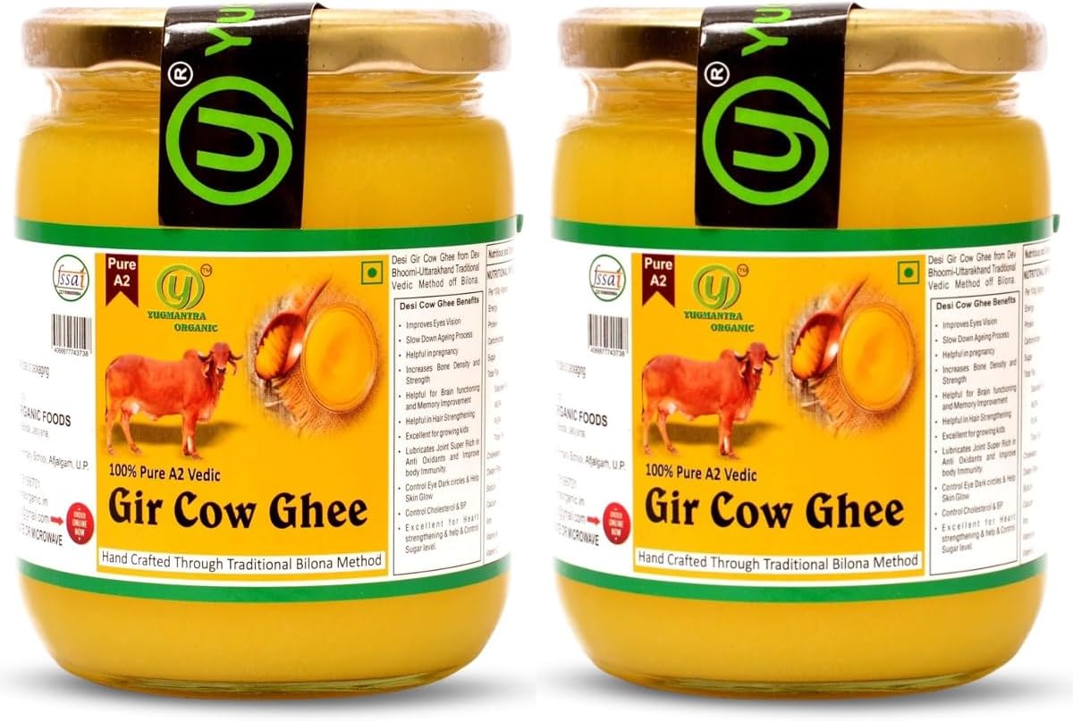 Desi Gir Cow Ghee (500 ml x 2 = 1000 ML) | Traditional Bilona Method | Lactos and Gluten free | Grassfed, Natural And Healthy Desi Cow Ghee | Glass Bottel