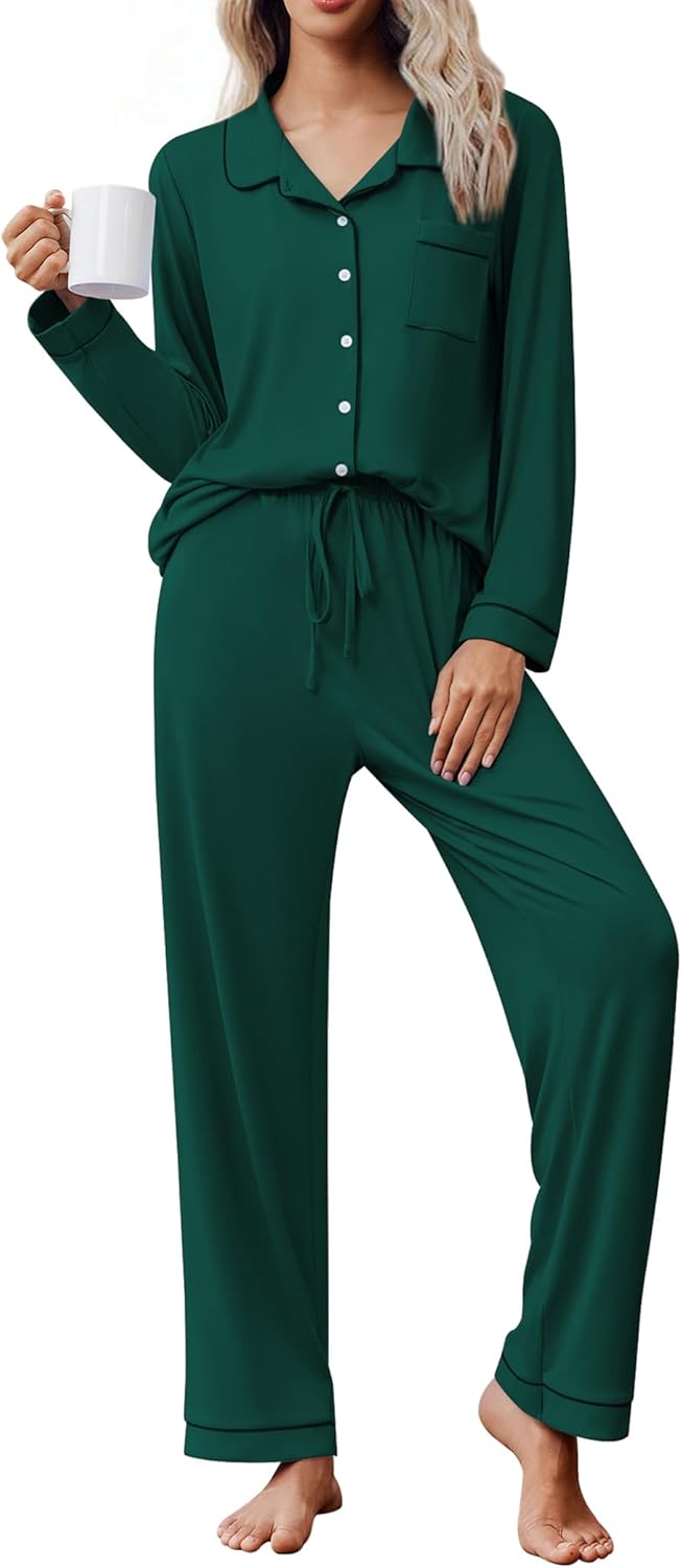 Ekouaer Pajama Sets Women Classic Long Sleeve Button Down Sleepwear Soft Pjs Lounge Sets