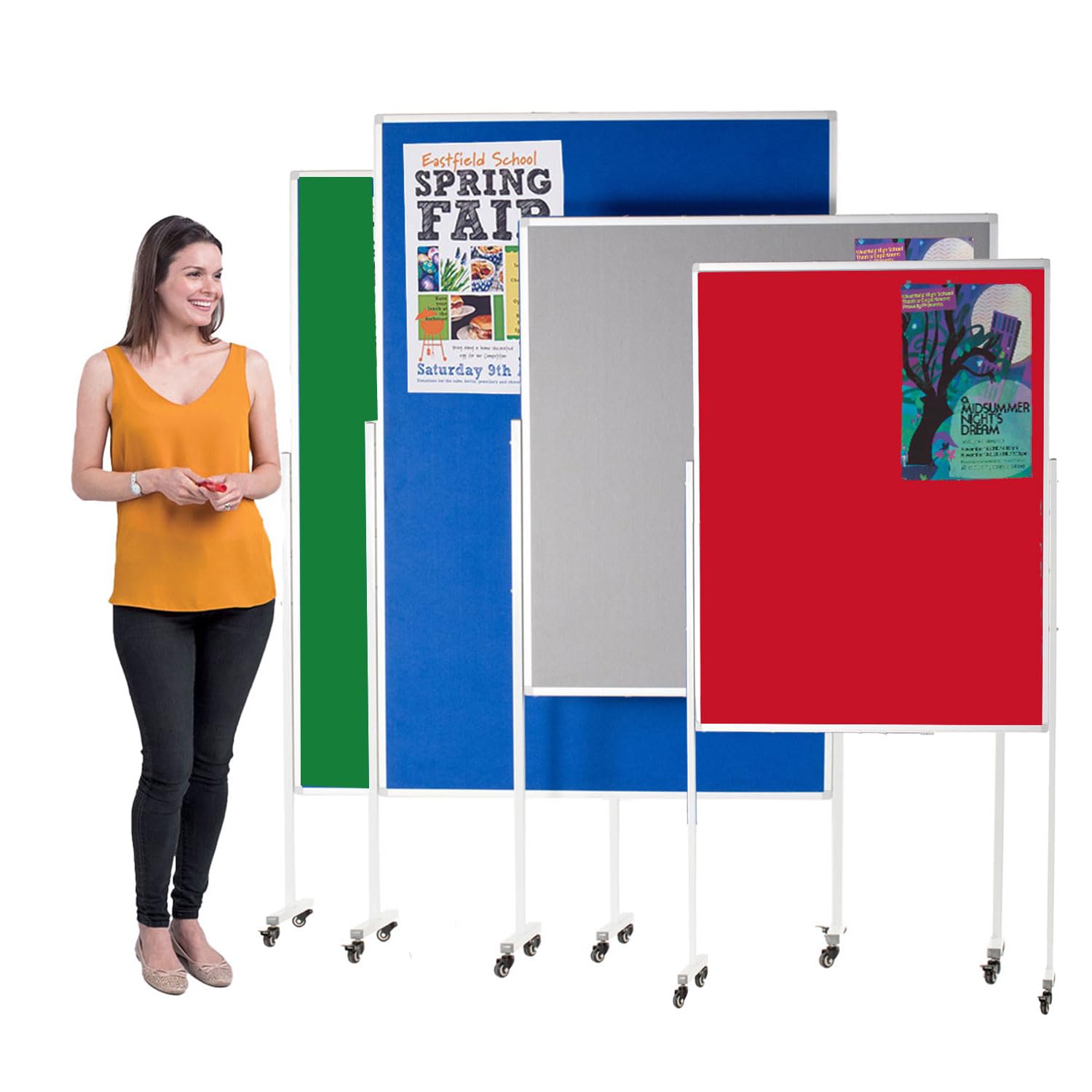 Wonderwall Mobile Red Felt Noticeboard, 120 x90 cm, Double-Sided Pinboard, Aluminium Frame with 3 Height Adjustments, Lockable Castor Wheels - Ideal for School, Office, Information Points
