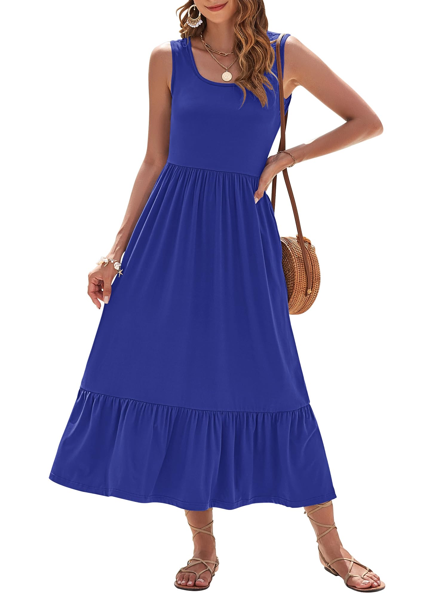WNEEDU Vestido de Verano para Mujer Vestido Largo sin Mangas con Cintura Imperio Vestidos playeros aireados con Escote en U y Bolsillos para Mujer