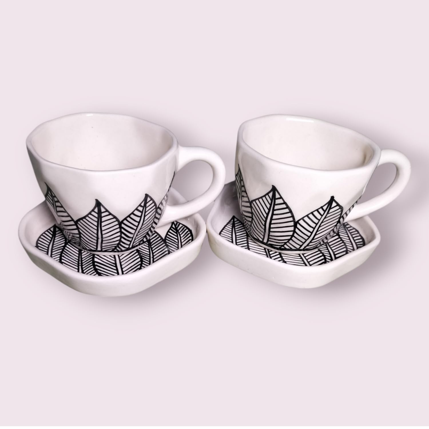 Ceramic Cups with Saucers, Black and White Leaf Pattern, Set of 2